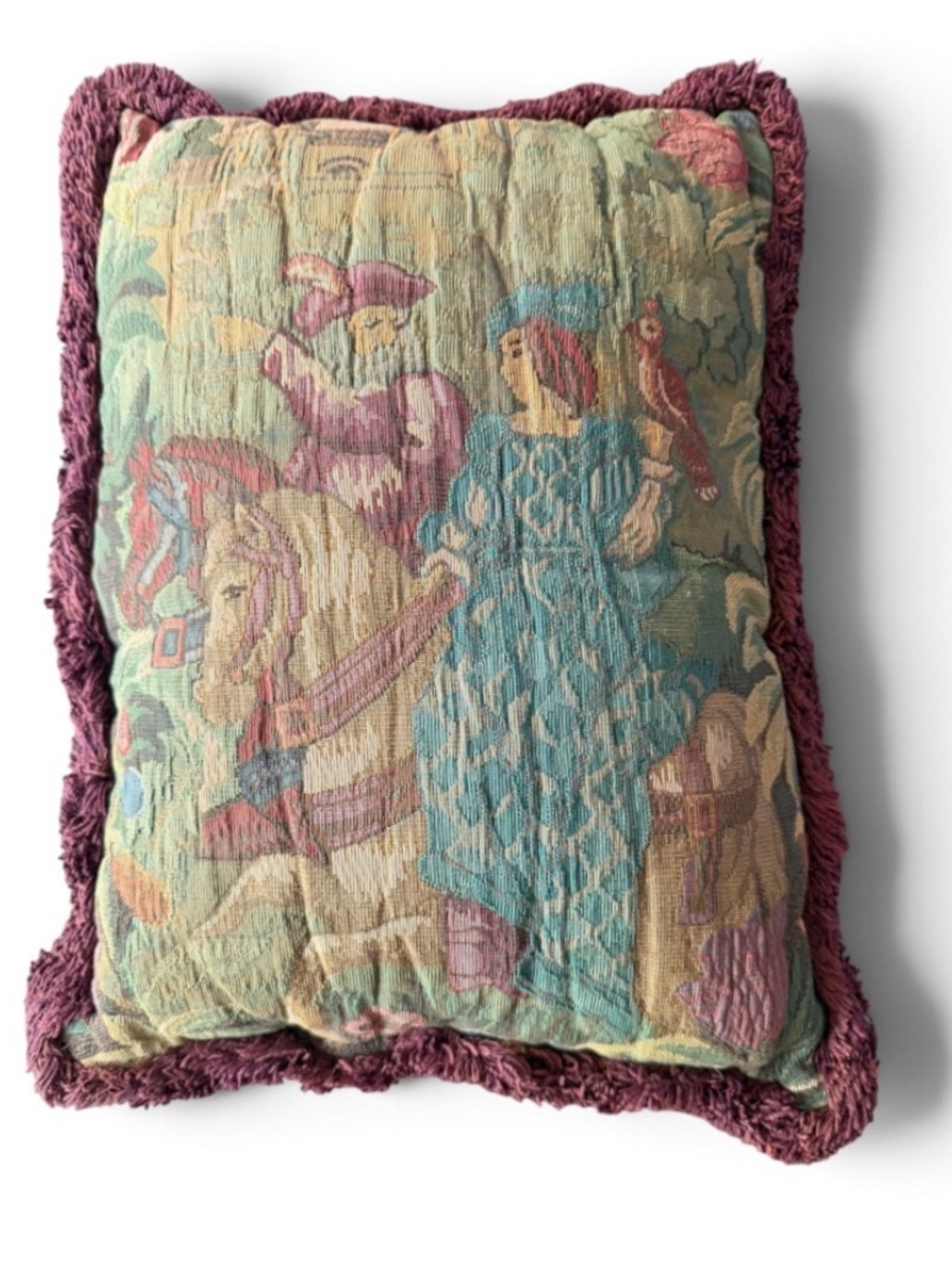 Antique Aubusson Tapestry Throw Pillow 16”x12” Renaissance Medieval Decor Fringe